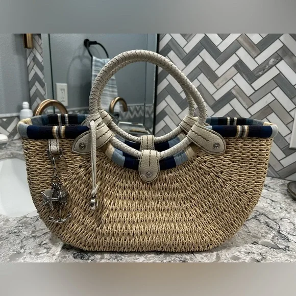 VINTAGE BRIGHTON COLLECTIBLES STRAW HANDBAG WHITE/NAVY BLUE STRIPE INTERIOR - Picture 10 of 14